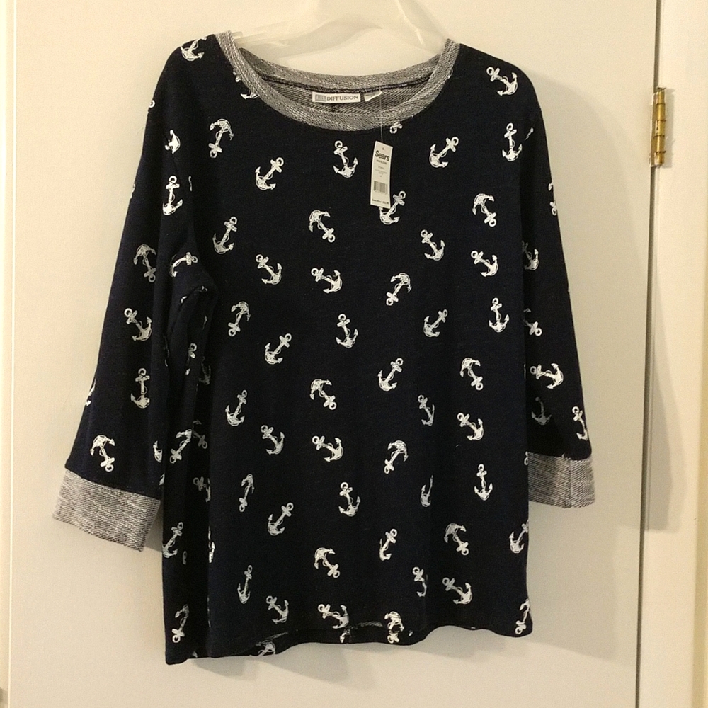 I.B. Diffusion Navy Blue Nautical Anchor 3/4 Sleeve French Terry Top Shirt Sz M